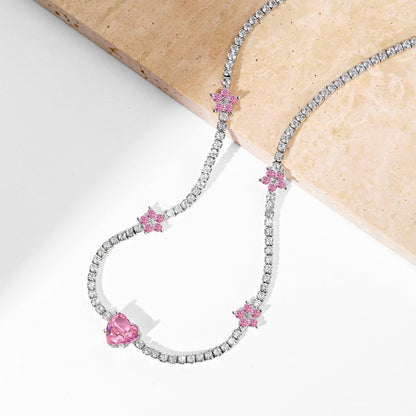 [Rose Jewels]Dazzling Pink Heart Flower Necklace