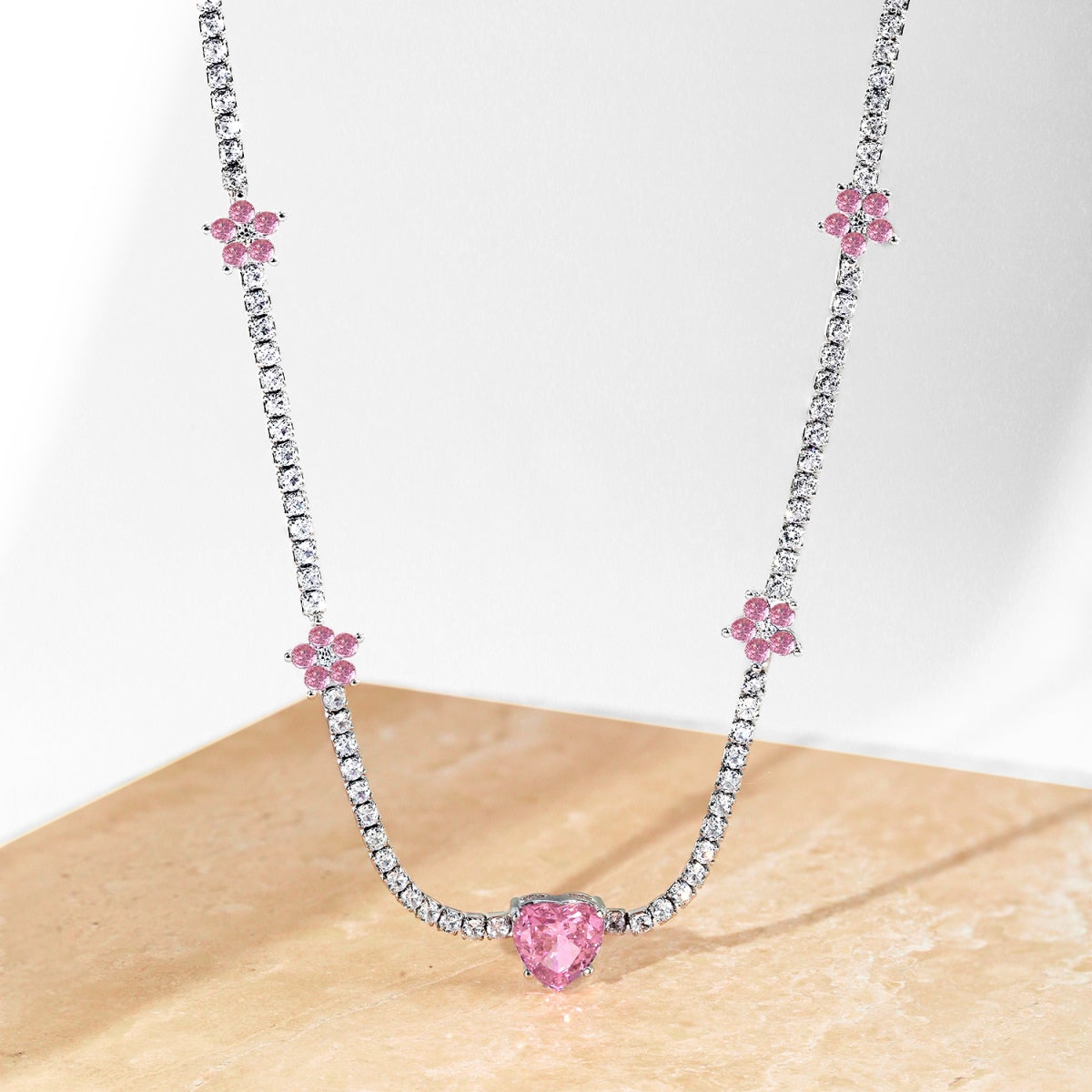 [Rose Jewels]Dazzling Pink Heart Flower Necklace