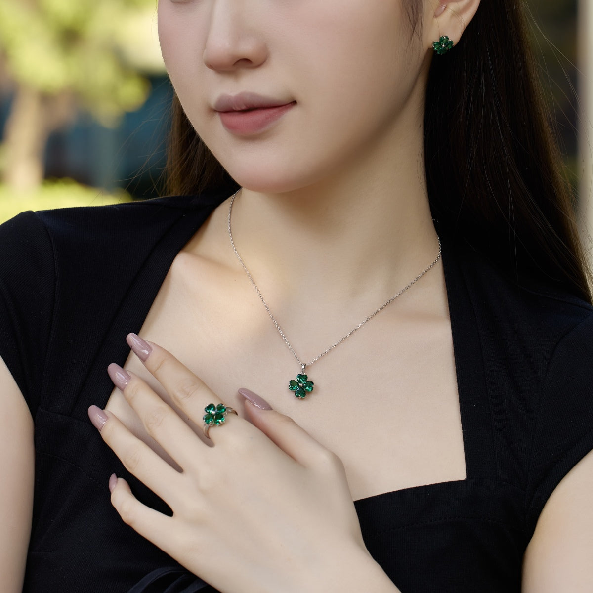 [Rose Jewels]Heart-Shaped Four-Leaf Clover Bead Necklace