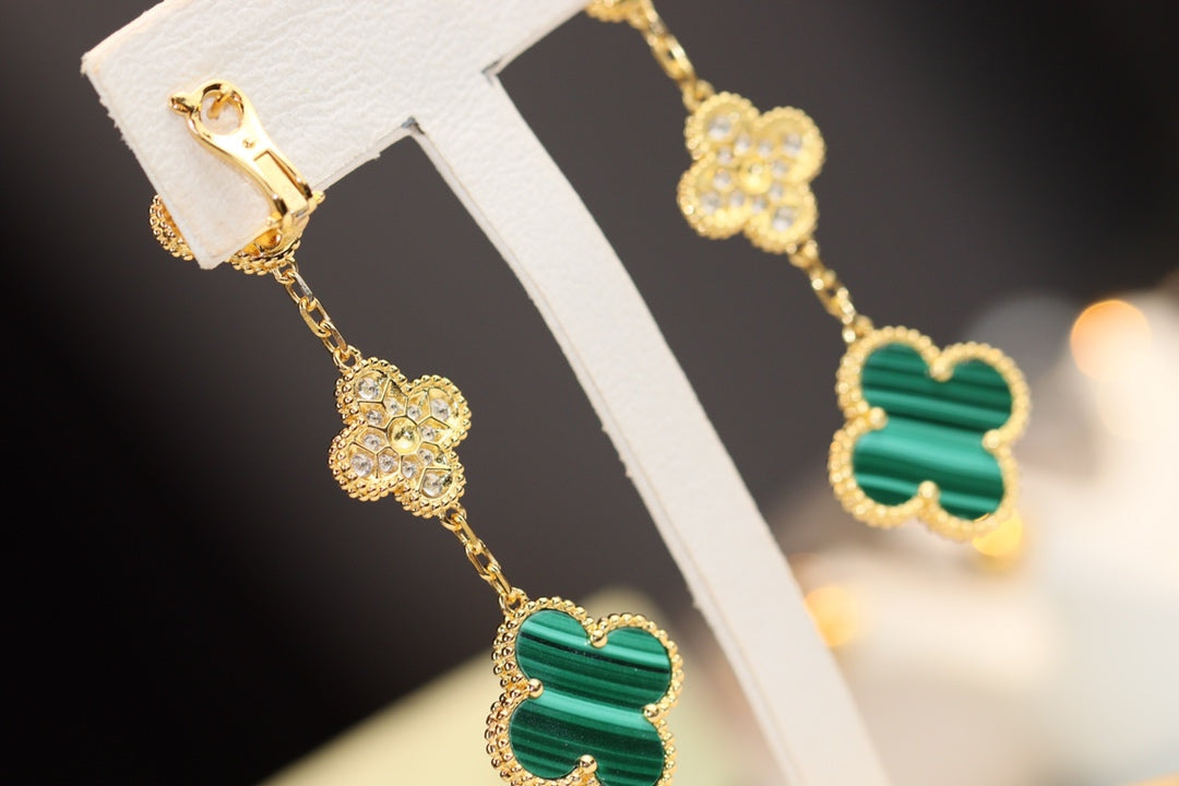 [ROSE]CLOVER EARRINGS GOLD MALACHITE DIAMOND 3 MOTIF