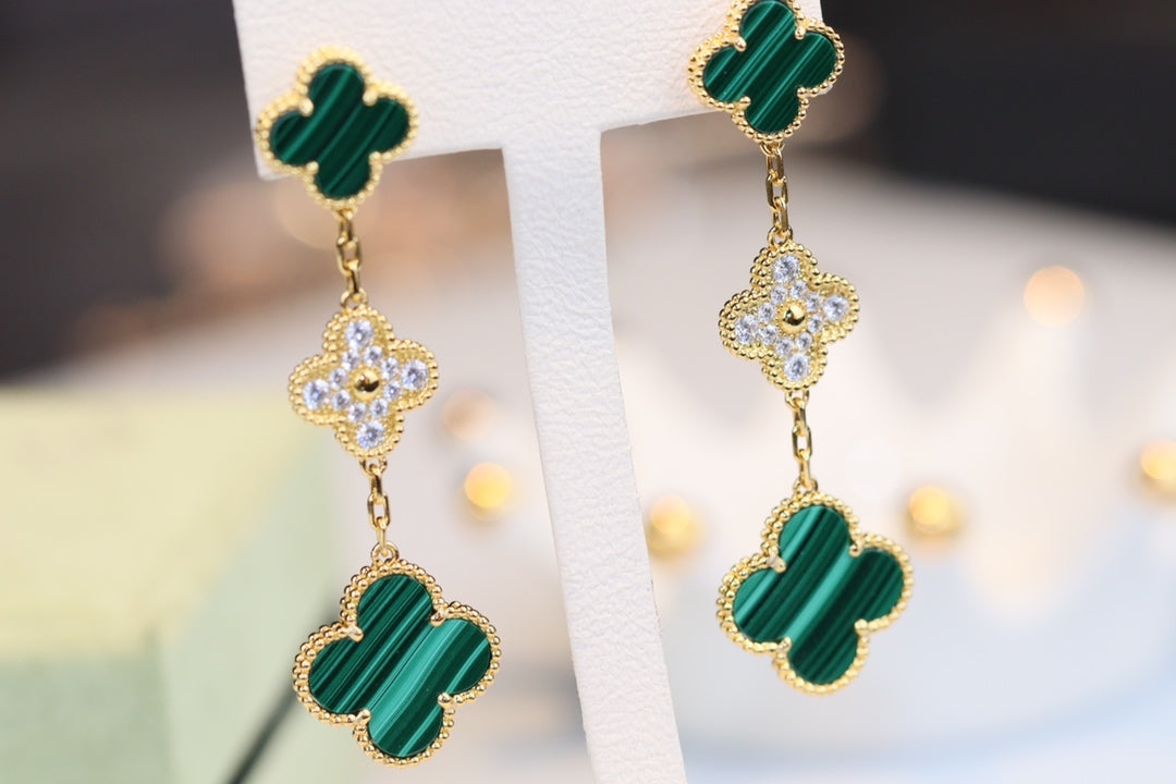 [ROSE]CLOVER EARRINGS GOLD MALACHITE DIAMOND 3 MOTIF