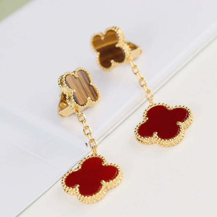 [ROSE]CLOVER  2 MOTIF  TIGER EYE CARNELIAN EARRINGS