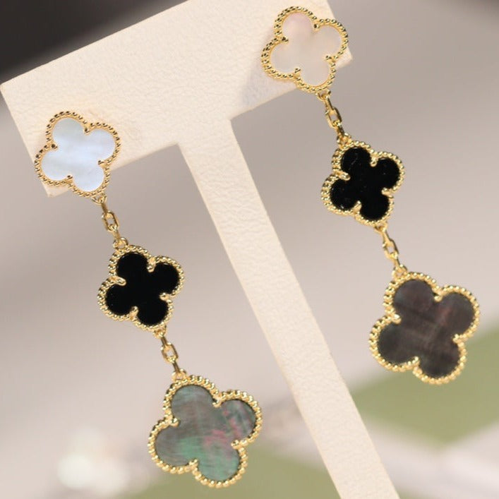 [ROSE]CLOVER EARRINGS GOLD ONYX MOP 3 MOTIF