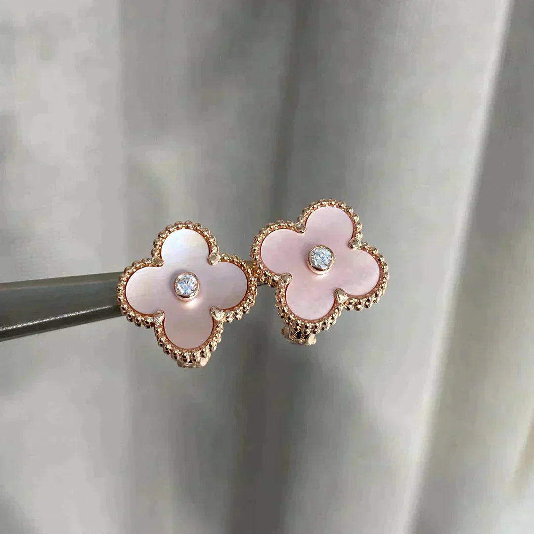 [ROSE]CLOVER MEDIUM 1 MOTIFS  PINK MOP DIAMOND EARRINGS