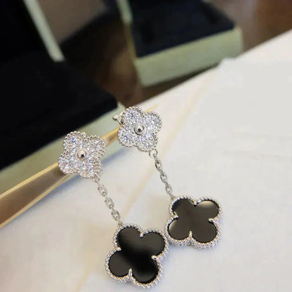 [ROSE]CLOVER 2 MOTIFS  DIAMOND ONYX EARRINGS SILVER