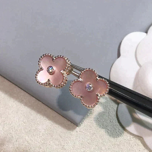 [ROSE]CLOVER MEDIUM 1 MOTIFS  PINK MOP DIAMOND EARRINGS