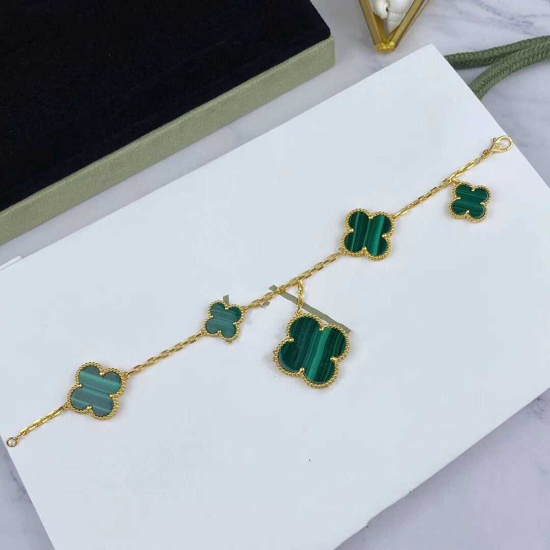 [ROSE]MAGIC CLOVER MALACHITE GOLD BRACELET 5 MOTIFS