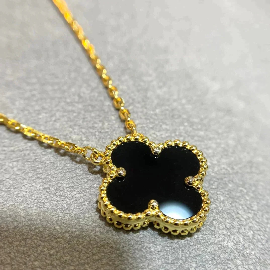 [ROSE]CLOVER 15MM BLACK ONYX SINGLE FLOWER NECKLACE