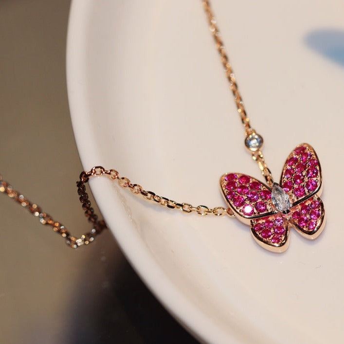 [ROSE]BUTTERFLY RED DIAMOND ROSE GOLD NECKLACE