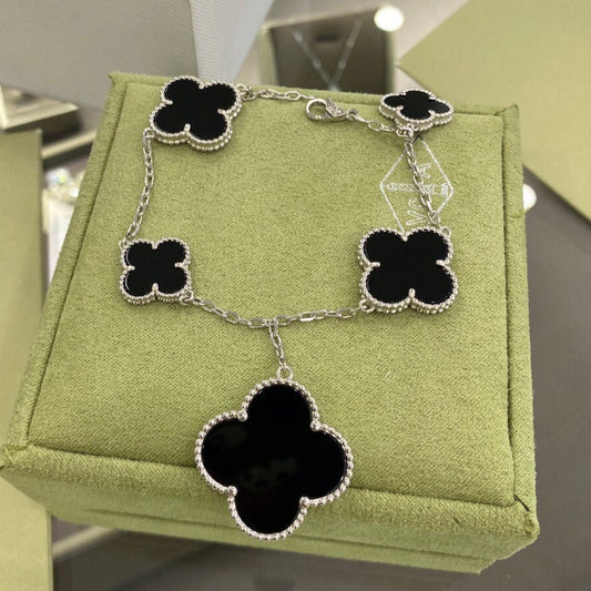 [ROSE]CLOVER 5 MOTIFS SIVLER ONYX BRACELET