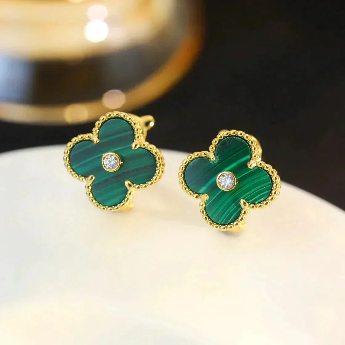 [ROSE]CLOVER MEDIUM 1 MOTIFS MALACHITE DIAMOND EARRINGS