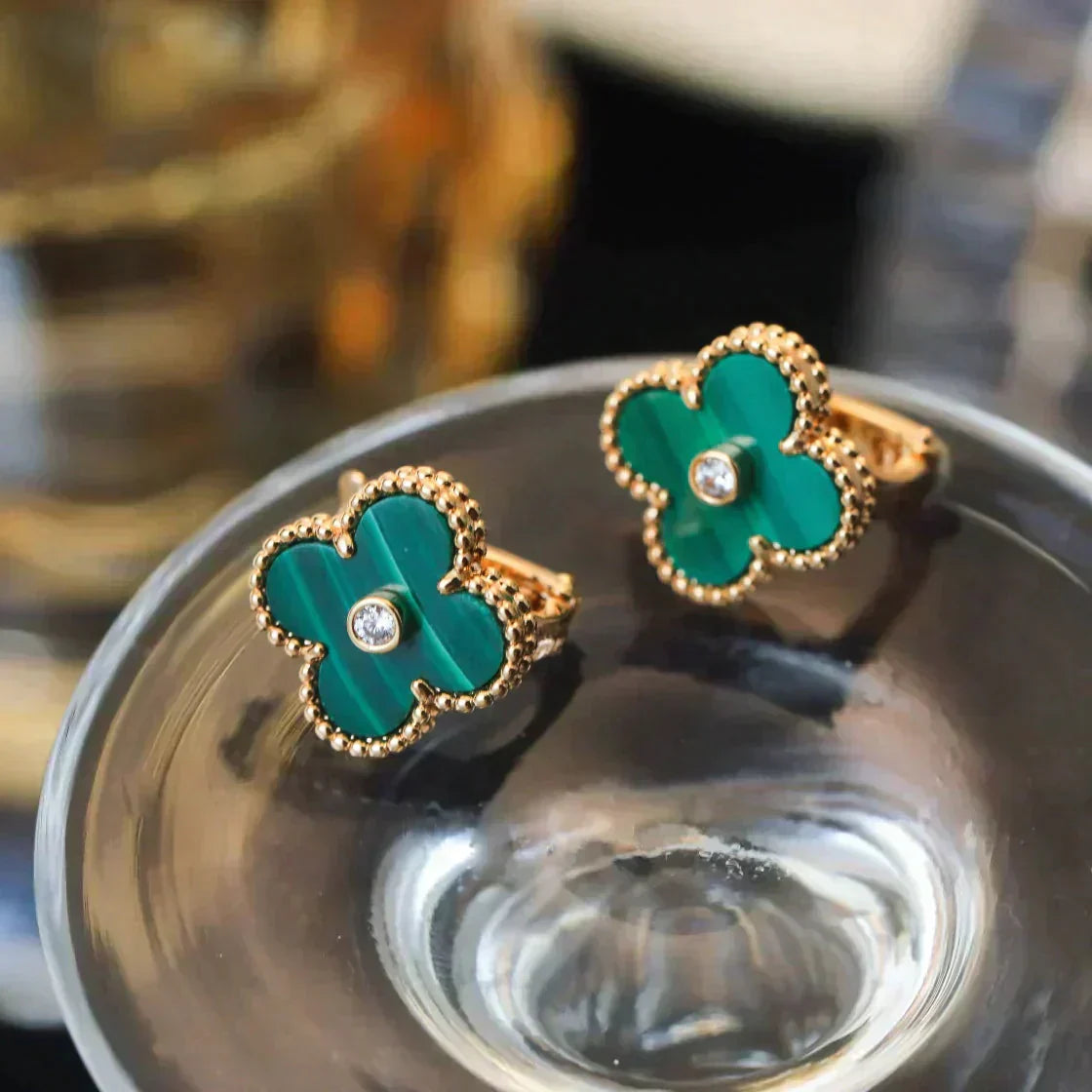 [ROSE]CLOVER MEDIUM 1 MOTIFS MALACHITE DIAMOND EARRINGS