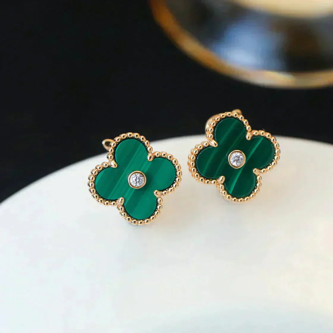 [ROSE]CLOVER MEDIUM 1 MOTIFS MALACHITE DIAMOND EARRINGS