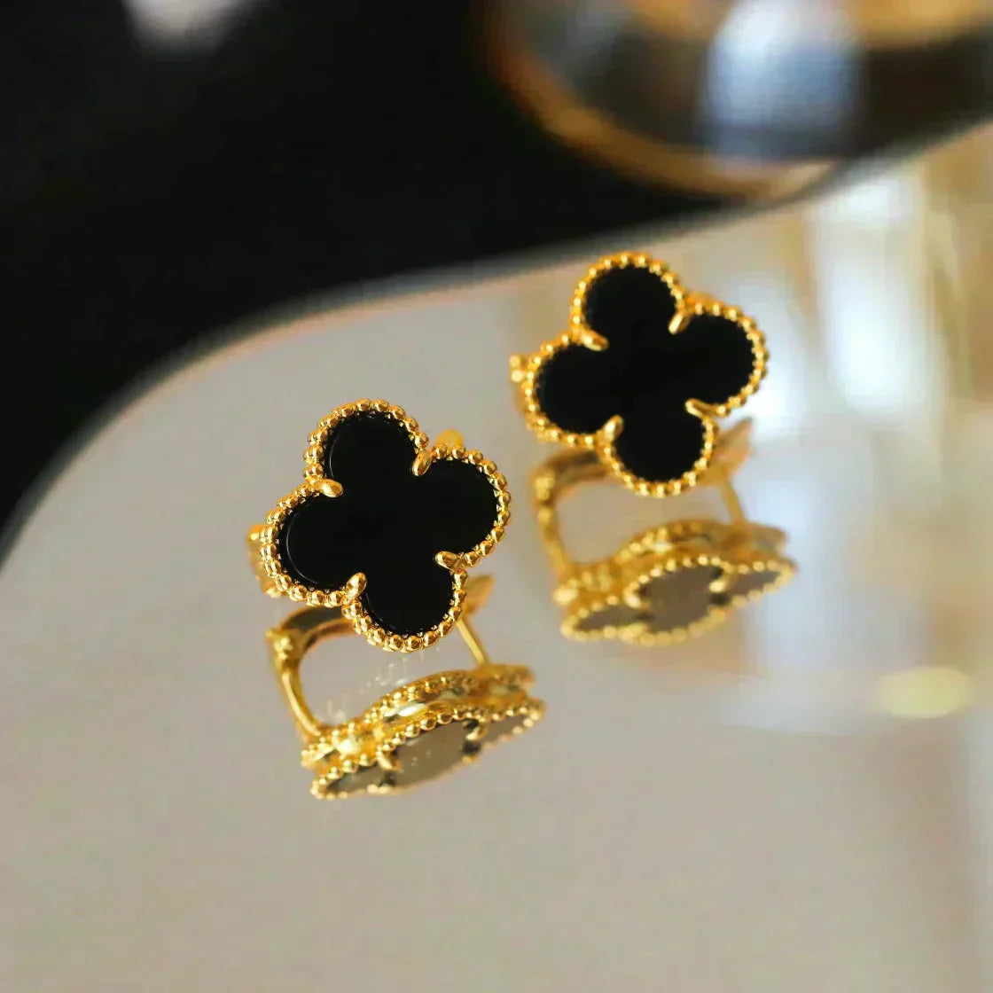 [ROSE]CLOVER MEDIUM 1 MOTIFS  ONYX STUD EARRINGS