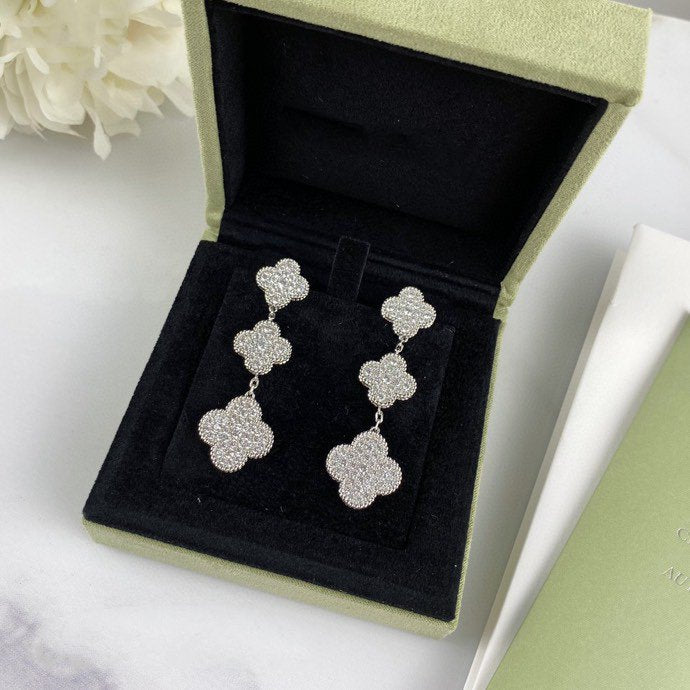 [ROSE]CLOVER 3 MOTIF DIAMOND SILVER DROP EARRINGS