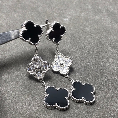 [ROSE]CLOVER 3 MOTIF DIAMOND ONYX SILVER EARRINGS