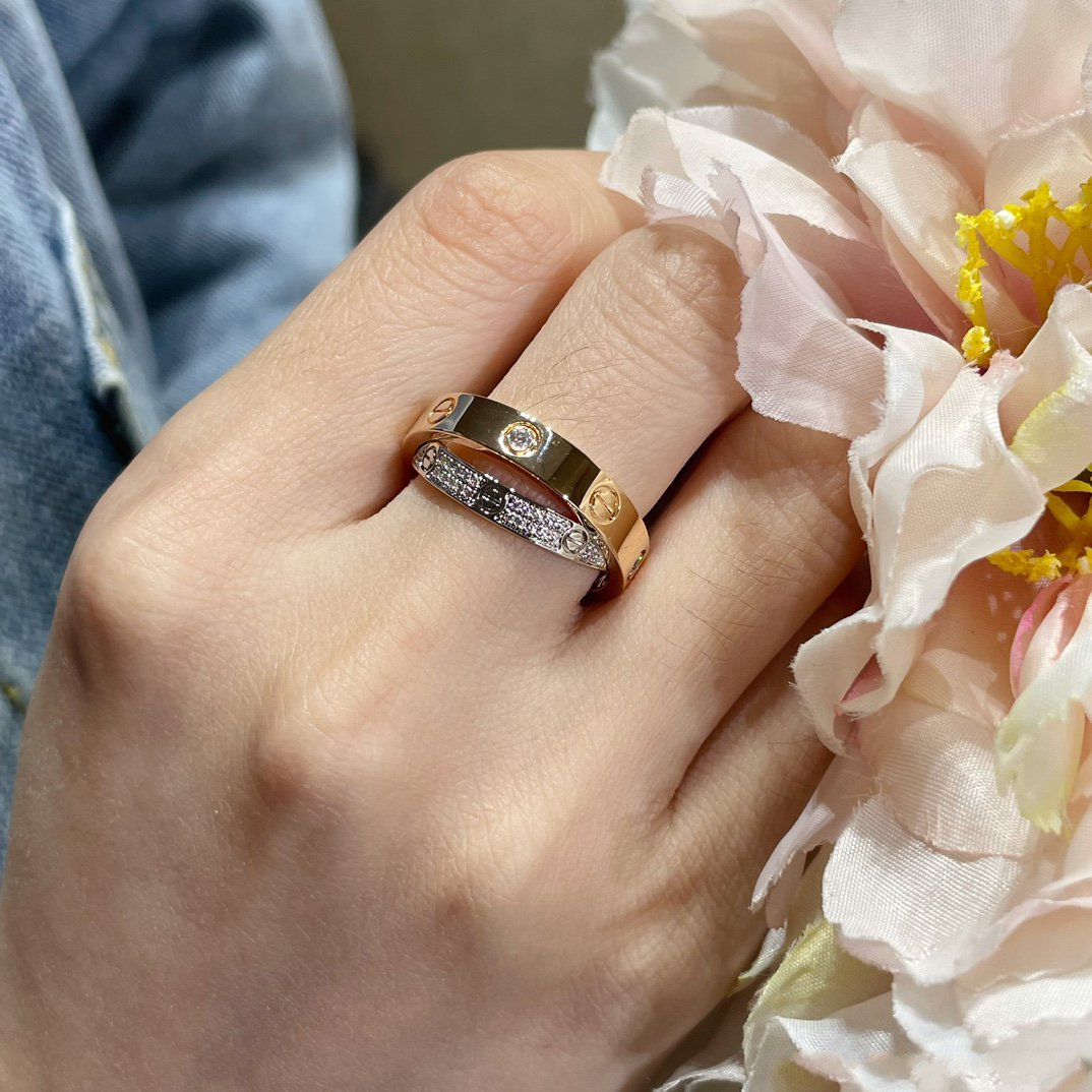 [ROSE]LOVE PINK GOLD SILVER DIAMOND DOUBLE RING