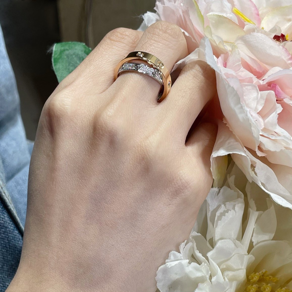 [ROSE]LOVE PINK GOLD SILVER DIAMOND DOUBLE RING