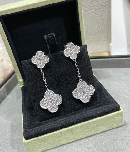 [ROSE]CLOVER 2 MOTIFS DIAMOND PAVED SILVER EARRINGS