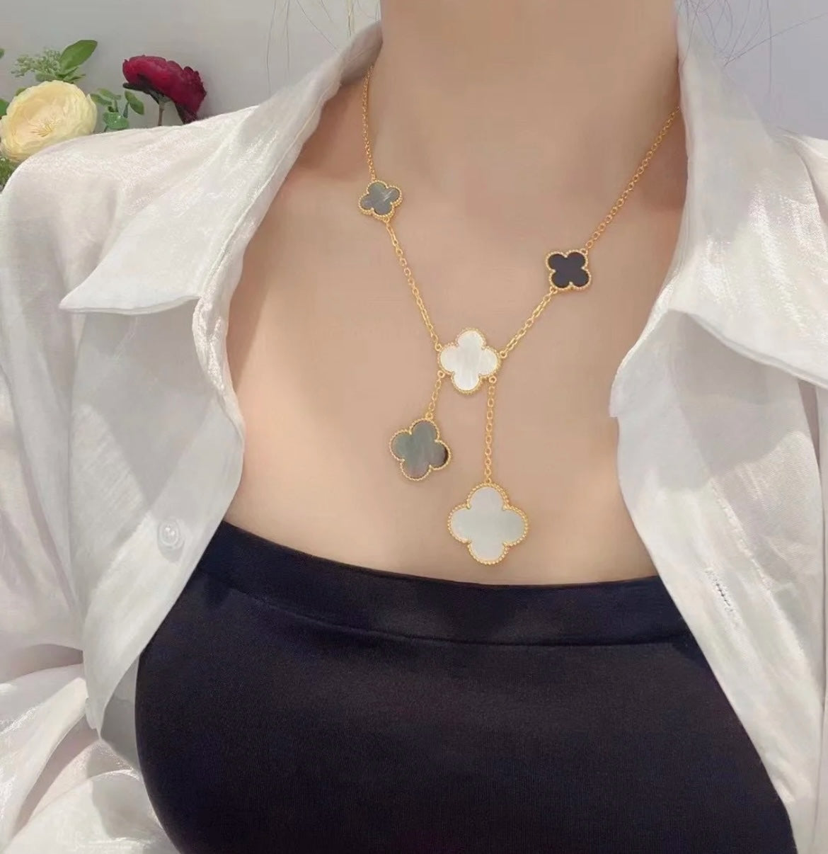 [ROSE]CLOVER 6 MOTIF MOP ONYX GOLD NECKLACE