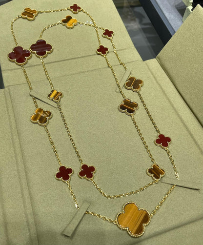 CLOVER 16 MOTIF CARNELIAN TIGER EYE ROSE GOLD NECKLACE