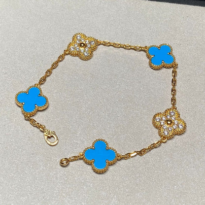 [ROSE]CLOVER 5 MOTIF BLUE CHALCEDONY DIAMOND GOLD BRACELET