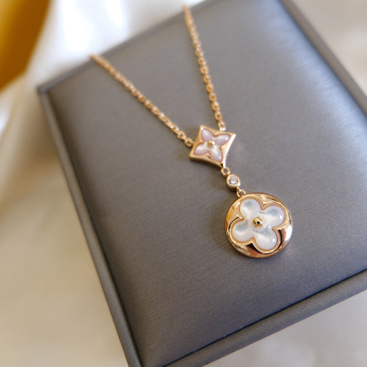 [Rose Jewels]STAR AND SUN WHITE MOP 2 MOTIF PINK GOLD NECKLACE