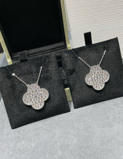 [ROSE]CLOVER 25MM LARGE PENDANT DIAMOND PAVED SILVER NECKLACE