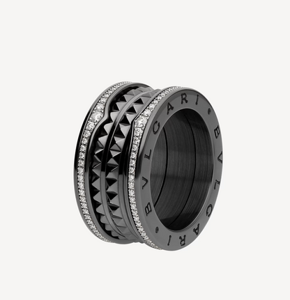 [Rose Jewels]ZERO 1 ROCK FOUR-BAND BLACK CERAMIC WITH STUDDED SPIRAL AND PAVED DIAMONDS RING