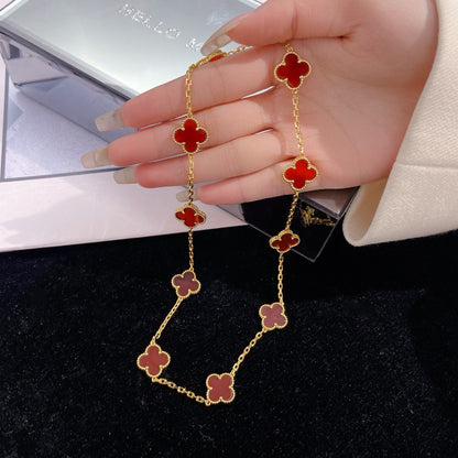 [ROSE]Clover 10 Motifs Red Chalcedony Necklace.