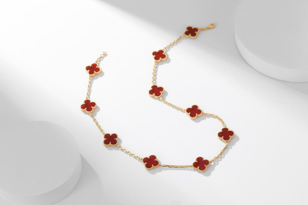 [ROSE]Clover 10 Motifs Red Chalcedony Necklace.