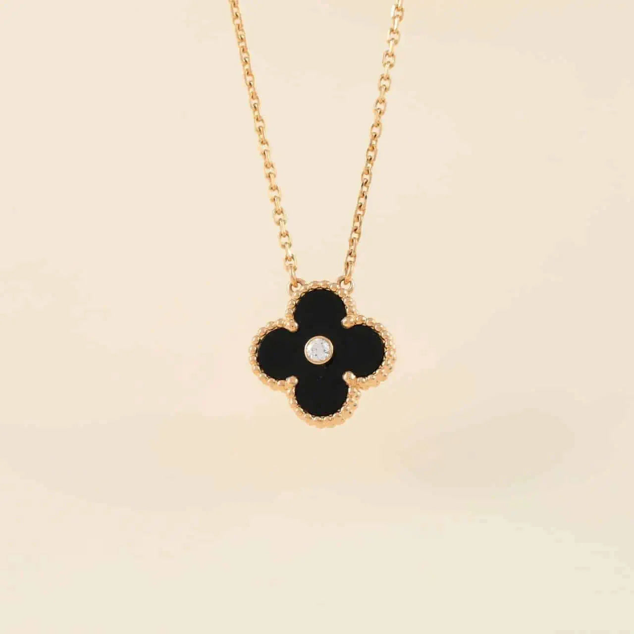 [ROSE]CLOVER 15MM DIAMOND ONYX NECKLACE