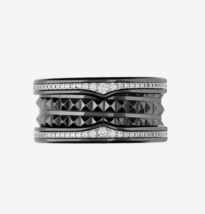 [Rose Jewels]ZERO 1 ROCK FOUR-BAND BLACK CERAMIC WITH STUDDED SPIRAL AND PAVED DIAMONDS RING