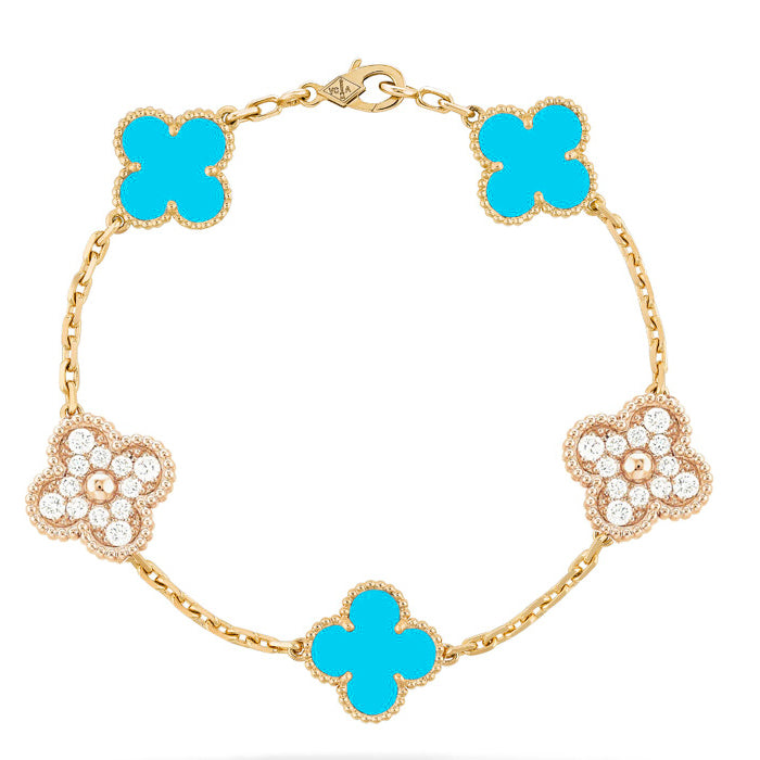 [ROSE]CLOVER 5 MOTIF TURQUOISE DIAMOND GOLD BRACELET