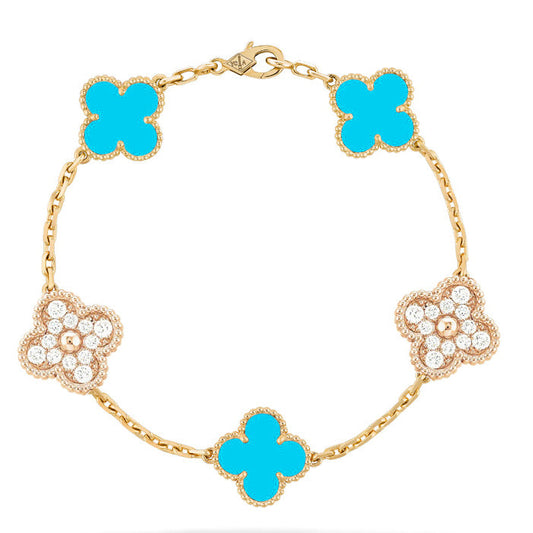 [ROSE]CLOVER 5 MOTIF TURQUOISE DIAMOND GOLD BRACELET