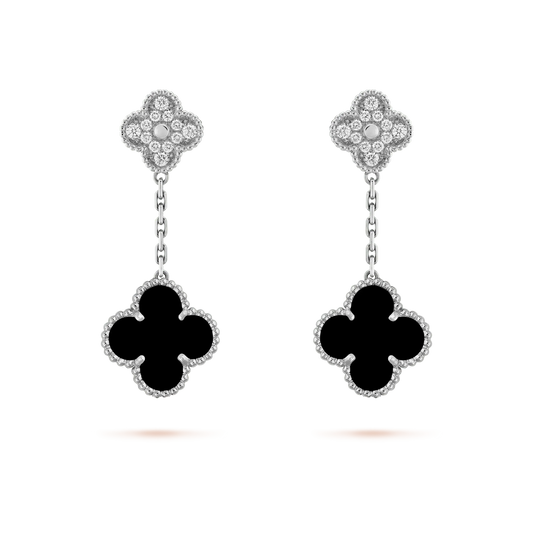 [ROSE]CLOVER 2 MOTIFS  DIAMOND ONYX EARRINGS SILVER