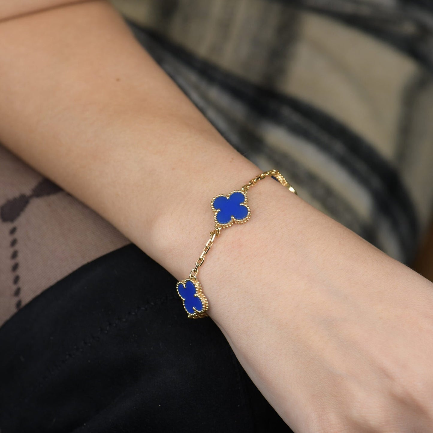 [ROSE]CLOVER 5 MOTIFS BLUE AGATE BRACELET