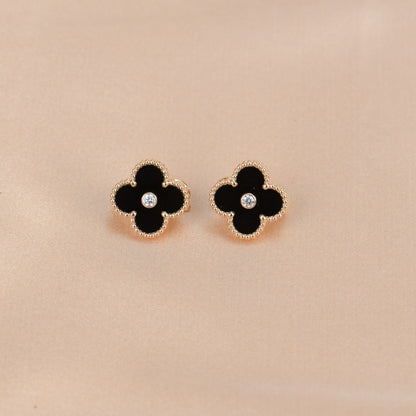 [ROSE]CLOVER MEDIUM 1 MOTIFS ONYX DIAMOND EARRINGS