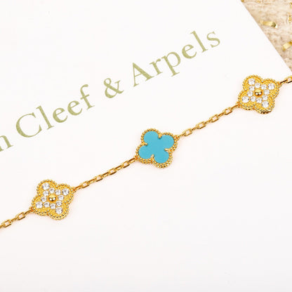 [ROSE]CLOVER 5 MOTIF TURQUOISE DIAMOND GOLD BRACELET