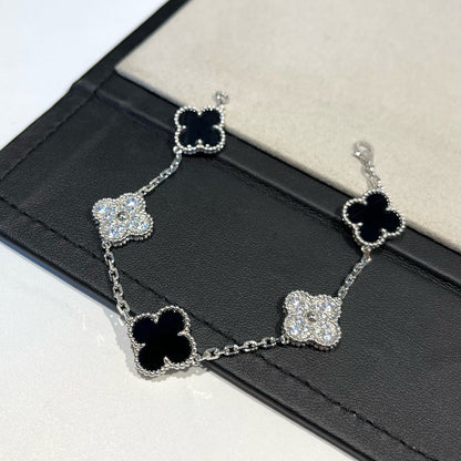 [ROSE]CLOVER 5 MOTIF ONYXS DIAMOND BRACELET SILVER