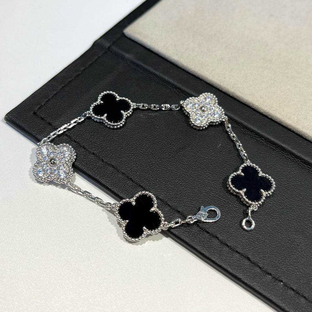 [ROSE]CLOVER 5 MOTIF ONYXS DIAMOND BRACELET SILVER