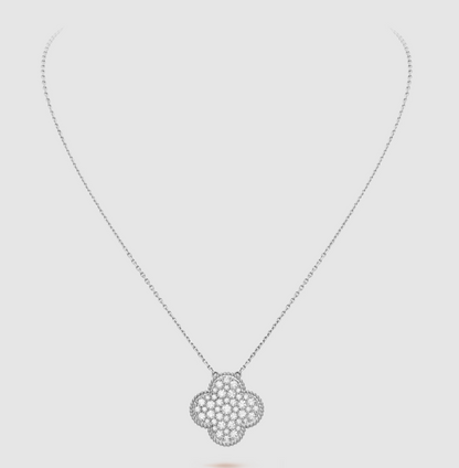 [ROSE]CLOVER 25MM LARGE PENDANT DIAMOND PAVED SILVER NECKLACE