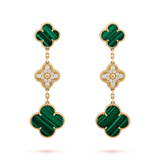 [ROSE]CLOVER EARRINGS GOLD MALACHITE DIAMOND 3 MOTIF