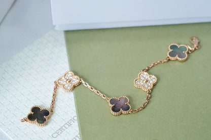 [ROSE]CLOVER 5 MOTIFS DARK MOP AND DIAMONDS PINK GOLD BRACELET