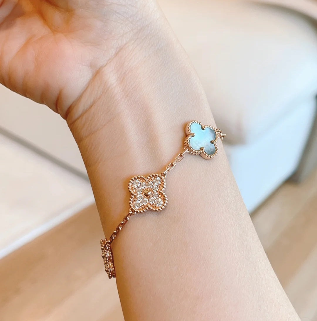 [ROSE]CLOVER 5 MOTIFS DARK MOP AND DIAMONDS PINK GOLD BRACELET